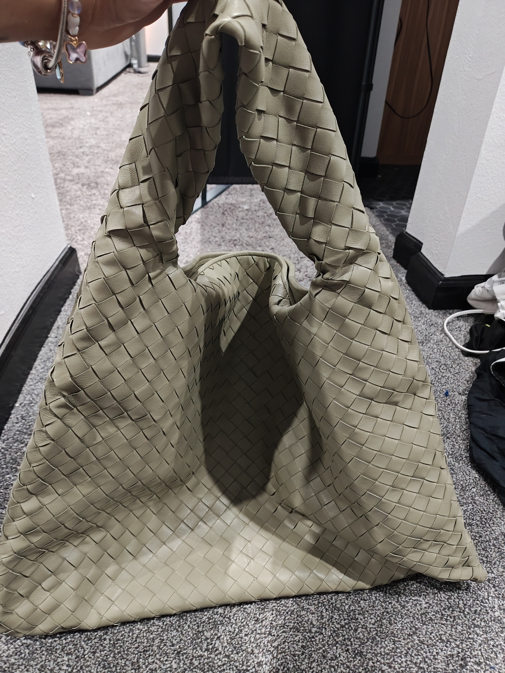 Woven Soft Tote Bag in Sage Green - Bottega Veneta Hop Bag large